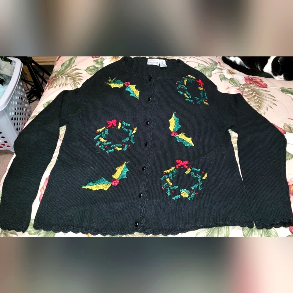 #268 Festive Black Cardigan with Holiday Embroidery,sze. XL
